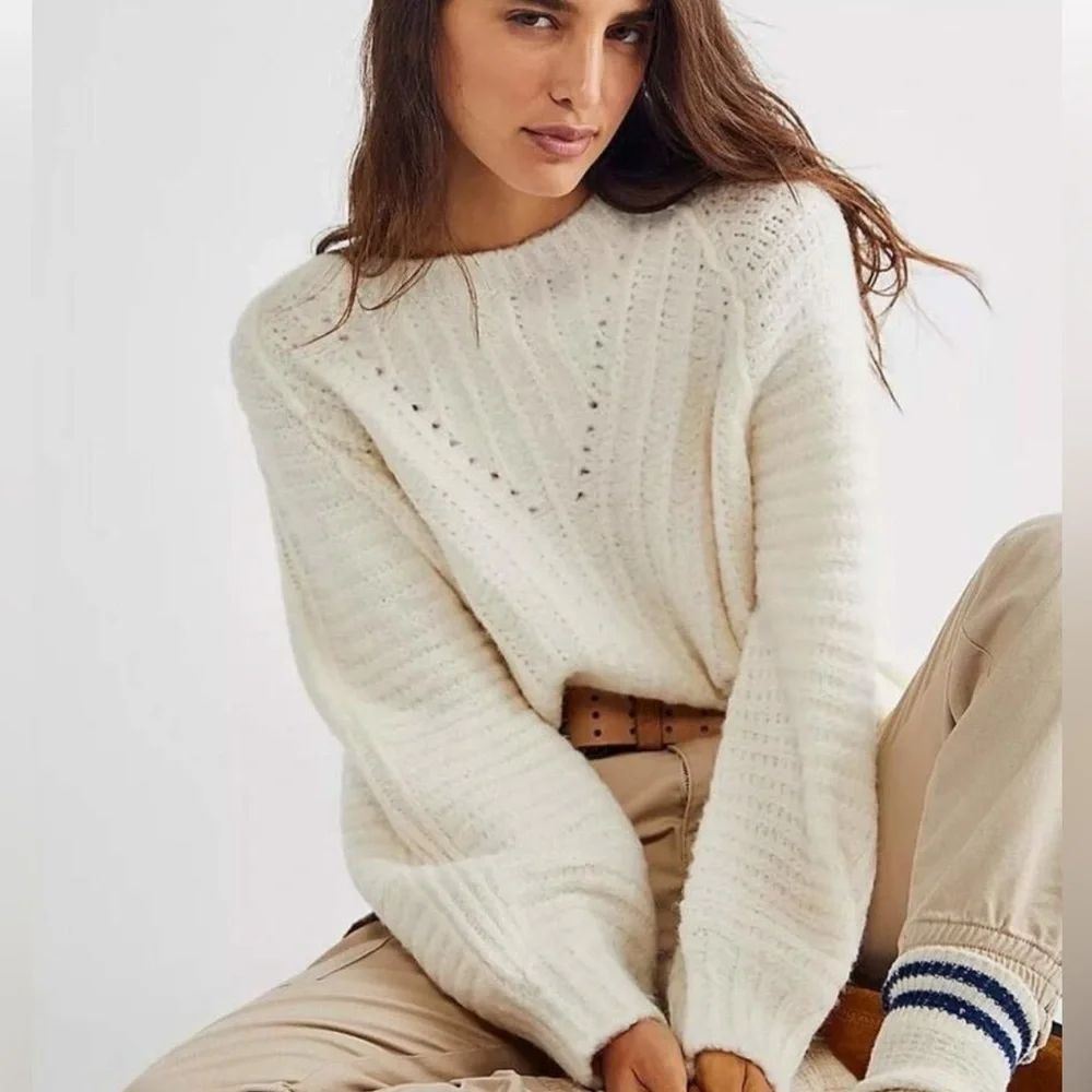 Free People Carter Pullover Sweater in Ivory Size M - Picture 1 of 8